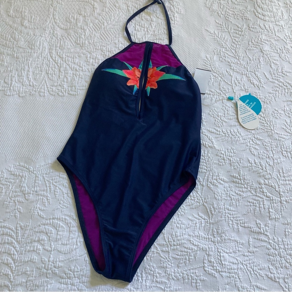 NWT $198 WET navy embroidered halter swimsuit one piece swim size S